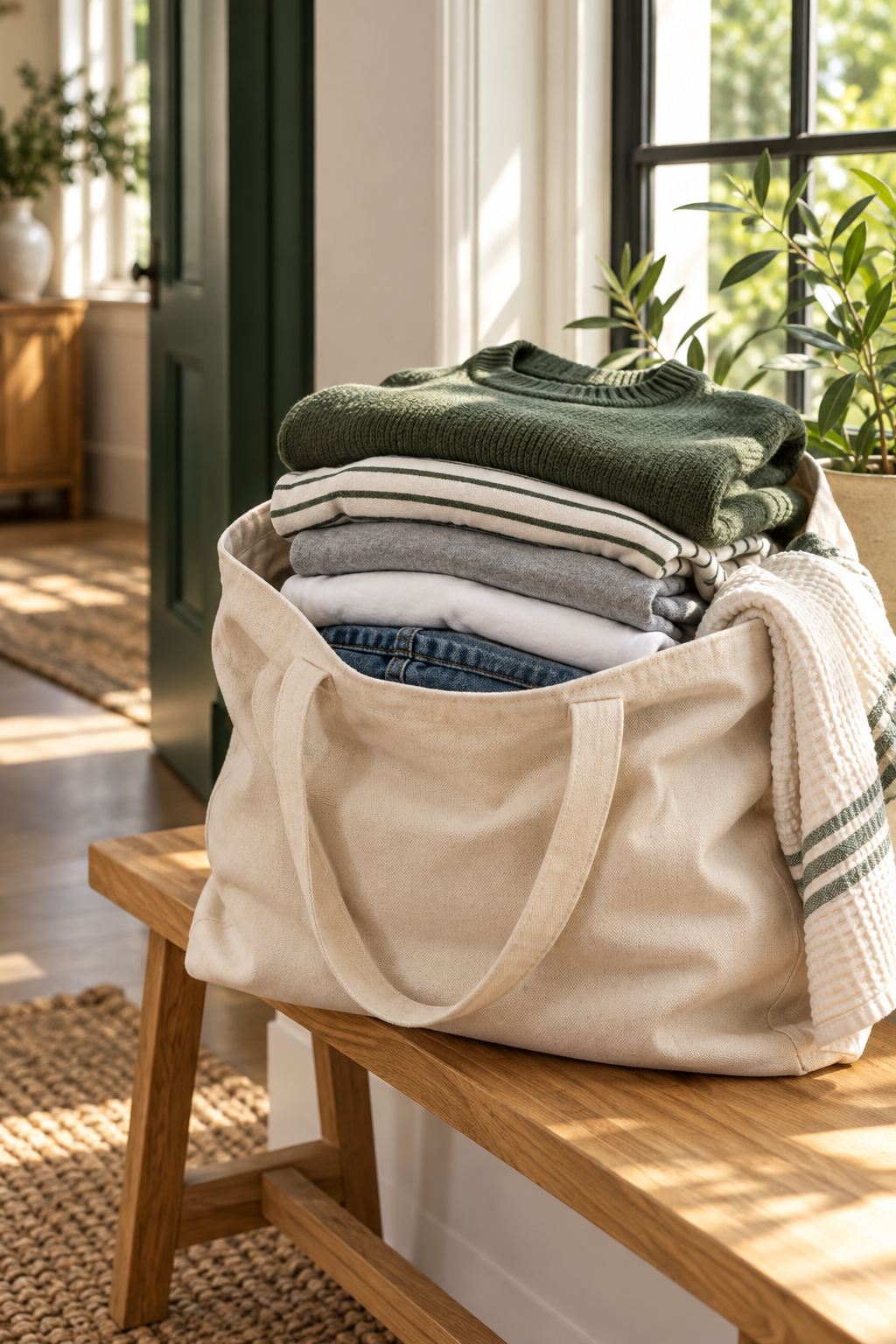 Freshly folded clothes in a canvas laundry bag by a sunlit window